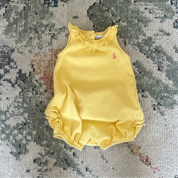 Y2K Ralph Lauren Baby Girl Yellow Ruffled Bubble Ruffle Romper Pink Logo - Picture 9 of 15